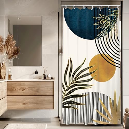 Stall Small Mid Century Blue Boho Abstract Bathroom Shower Curtain Set