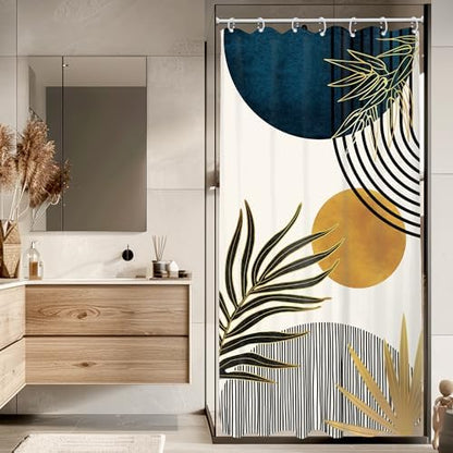 Stall Small Mid Century Blue Boho Abstract Bathroom Shower Curtain Set