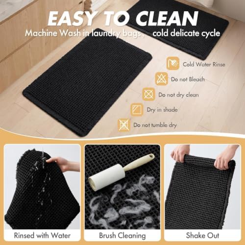 MIULEE Set of 2 Waffle Bathroom Rugs Boho Bath Mat Black 17"x24"+18"x30"