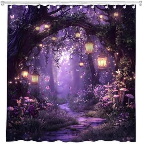 Fantasy Forest Path Shower Curtain Purple Fairy Magical Enchanted Misty Jungle Mushroom Floral Tree Butterfly Lantern Wonderland Bath Curtain Fabric Bathroom Accessories Decor with Hooks 70W x75L