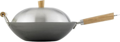 Helen's Asian Kitchen Carbon Steel 4-Piece Wok Set, 13.5-Inch With Lid