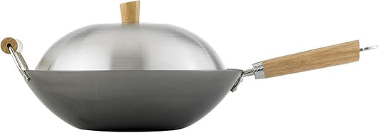 Helen's Asian Kitchen Carbon Steel 4-Piece Wok Set, 13.5-Inch With Lid