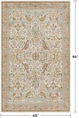Washable Area Rugs 5x8 for Bedroom - Western Nature Rugs for Living Room, Dining Room,Playroom, Guest Room with Boho Beige Neutral Botanical & Bird Pattern, Non Slip Stain Resistant Low Pile