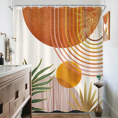 Mid Century Orange Boho Abstract Retro Gold Bathroom Shower Curtain Set