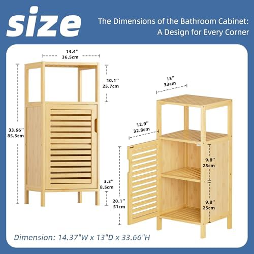 HITNET Bathroom Cabinet Freestanding, Small Bamboo Floor Cabinet, 4 Tier Single Door Sofa Side Table Storage Organizer, Space Saving Kitchen Cupboard, Natural