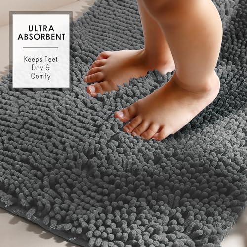 Hearth & Harbor Bathroom Rugs, Chenille Bath Mat - Machine Washable Bath Mats for Bathroom Non-Slip Backing Rubber, Quick Dry Bathroom Mat - Grey 17x24-20x24