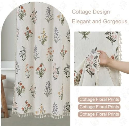 ORTIGIA Linen Textured Shower Curtain with Tassels,Vintage Floral Boho Cottagecore Waterproof Bath Curtain Metal Hooks for Rustic Farmhouse Bathroom Decor 72x72 Inch