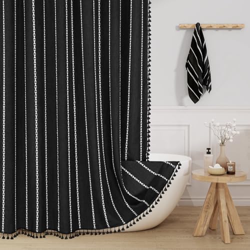 Boho Striped Tassel Linen Shower Curtain,3D Embroidery Stripe Black,54x78