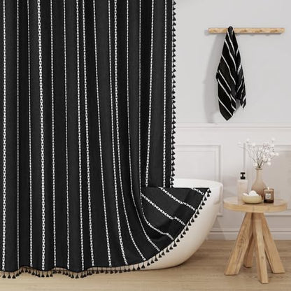 Boho Striped Tassel Linen Shower Curtain,3D Embroidery Stripe Black,54x78