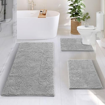 Hearth & Harbor Bathroom Rugs, Chenille Bath Mat - Machine Washable Bath Mats for Bathroom Non-Slip Backing Rubber, Quick Dry Mat - Silver Bath Rug, 17x24-26x44-20x24