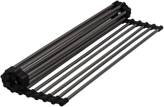 Strictly Sinks Stainless Steel Roll Up Dish Drying Rack – Black 17 Inch Over The Sink Drying Rack Ideal for Workstation Sinks Only – Multipurpose Foldable Kitchen Dish Rack (17-3/8″ x 13″ x 3/8″)