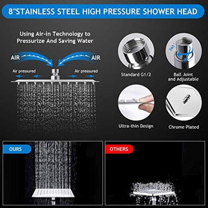 Shower Head Combo,8 Inch High Pressure Rain Shower Head with 11 Inch Adjustable Extension Arm and 5 Settings Handheld Shower Head Combo,Powerful Shower Spray Against Low Pressure Water with Long Hose