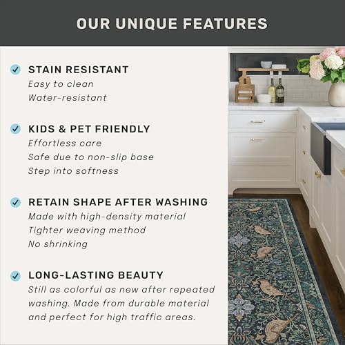 Washable 2x10 Extra Long Runner Rugs for Hallyway - Blue and Green Low Plie Indoor Rugs for Entryway, Floral Non Skid Waterproof Kitchen Floor Mats, Nature Leaf & Bird Décor