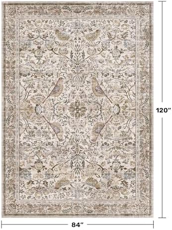 Moss Washable Living Room Rug, 7x10 Floral Area Rug for Dining Room, Boho Farmhouse Soft Bedroom Carpet, Low Pile Moss Home Décor, Non Slip & Stain Resistant