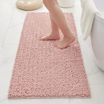 Bathroom Rugs Non Slip Washable 55x24, Extra Thick Soft Chenille Absorbent Bath Mat, High Density Barrier Non Slip Backing, Quick Dry Plush Shaggy Floor Carpet for Tub&Shower, Pink