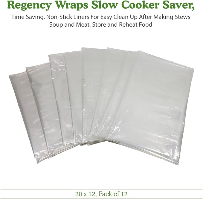 Regency Wraps Slow Cooker Saver, Time Saving, Non-Stick Liners For Easy Clean Up After Making Stews Soup and Meat, Store and Reheat Food, 20 x 12, Pack of 12