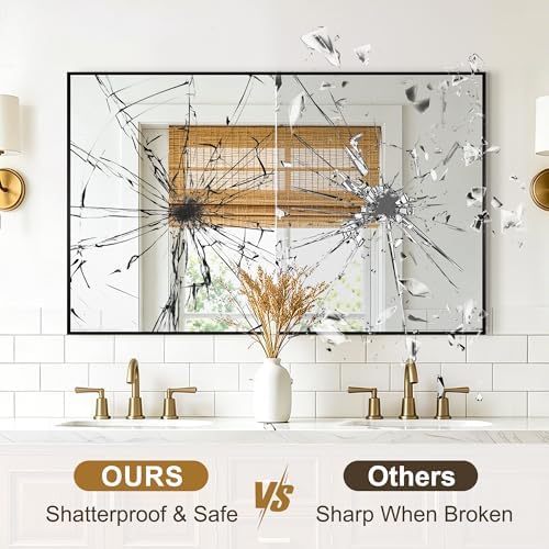 Rectangular Bathroom Mirror, 48"x30" Black Metal Framed Vanity Mirror