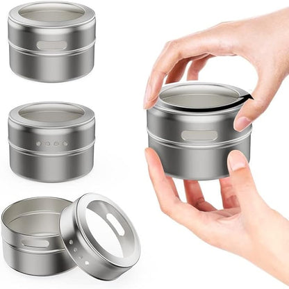 Vetacsion Set of 8 Magnetic Spice Tins with 2 Metal Wall-Plates,100 Preprinted Seasoning Label Stickers,2 Styles for 3 oz Herb Jars