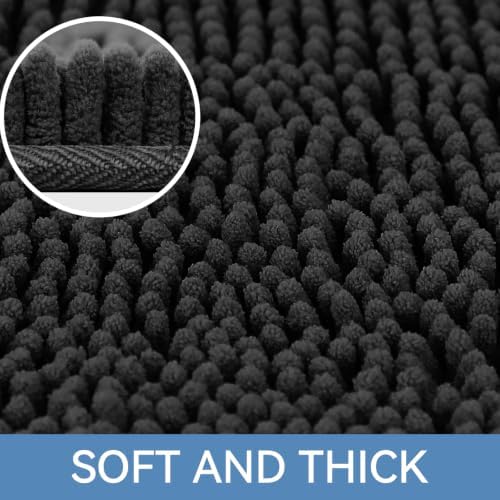 Bcoimo Bath Rug Mat,30x20 Chenille Non Slip Black Bathroom Floor Shower Mat