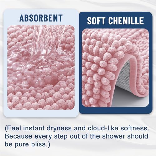 Grandaily Chenille Striped Bathroom Rugs 44x24, Extra Thick and Soft Absorbent Bath Mats, Rubber Backing, Plush Shaggy Shower Carpet, Machine Wash Dry, Bath Rug for Bathroom, Dusty Rose