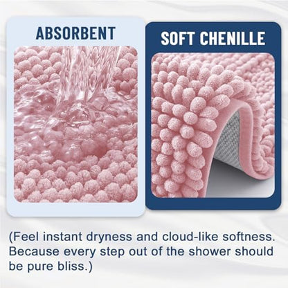 Grandaily Chenille Striped Bathroom Rugs 24x16, Extra Thick and Soft Absorbent Bath Mats, Rubber Backing, Plush Shaggy Shower Carpet, Machine Wash Dry, Bath Rug for Bathroom, Dusty Rose