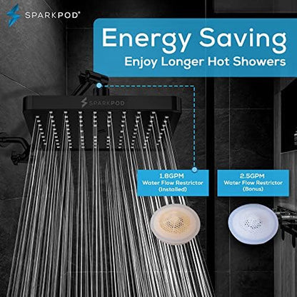 SparkPod Rain Shower Head, 8 Inch Square, Midnight Black Matte Finish