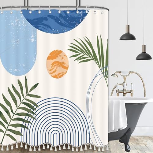 Boho Mid Century Leaf Shower Curtain Set,Arch Sun Design,Minimalistic Leaves Pattern,Waterproof and Luxurious Fabric-12 Hooks(Light Blue-72" x 78")