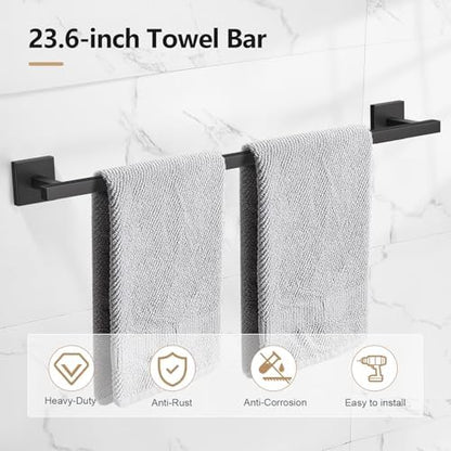 TQKAG 5-Pieces Matte Black Bathroom Hardware Accessories Set 23.6" SUS304 Stainless Steel Towel Bar Set Wall Mounted Square Toilet Paper Holder with Shelf