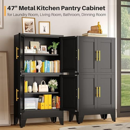 winiowa 47" Tall Kitchen Pantry Cabinet, Metal Storage Cabinet with Doors and Adjustable Shelves, Black Freestanding Pantry Cabinet for Kitchen, Dining Room, Living Room, Laundry Room, Bathroom