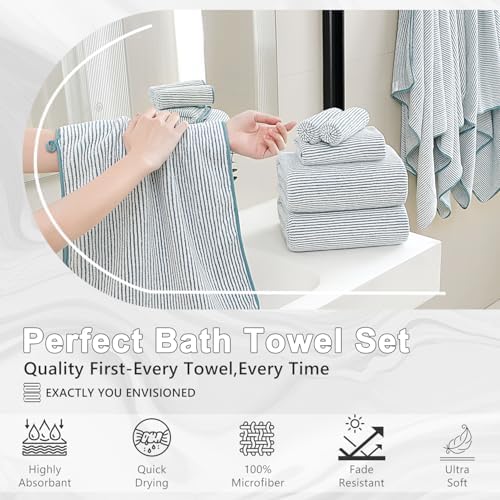 8-Piece Premium Towel Set for Bathroom|2 Oversized Large Bath Sheet,2 Hand Towels,4 Washcloths|Soft Cozy Highly Absorbent Fast Dry Microfiber Shower Towel Set for Hotel Bathroom Essentials,Lake Blue