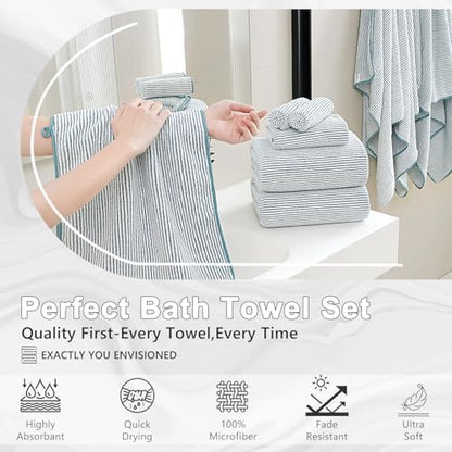 8-Piece Premium Towel Set for Bathroom|2 Oversized Large Bath Sheet,2 Hand Towels,4 Washcloths|Soft Cozy Highly Absorbent Fast Dry Microfiber Shower Towel Set for Hotel Bathroom Essentials,Lake Blue