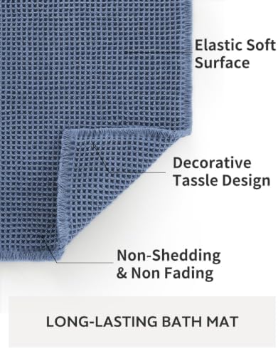 tchdio Waffle Bath Mat-Runner Rug, Super Absorbent Non Slip Bath Mats for Bathroom Machine Washable Long Rugs with Tassels, Bath Rugs for Bathroom Floor Beside Tub, 2' x 6'(24" x 72"), Blue