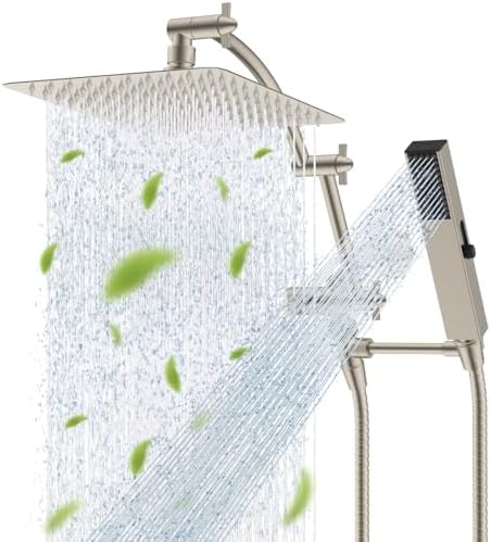 Hibbent All Metal CUPC Certified 10'' Rainfall Shower Head, Dual Shower Head Combo, High Pressure Handheld 4 Sprays Shower Wand, 16'' Adjustable Extension Arm, 71'' Hose, Shower Holder, Brushed Nickel