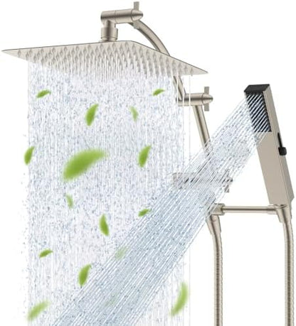 Hibbent All Metal CUPC Certified 10'' Rainfall Shower Head, Dual Shower Head Combo, High Pressure Handheld 4 Sprays Shower Wand, 16'' Adjustable Extension Arm, 71'' Hose, Shower Holder, Brushed Nickel