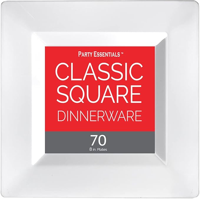 Party Essentials Party Supplies Disposable Classic Square Plastic Plates For Wedding/All Occasions, 8", 70-Count, White