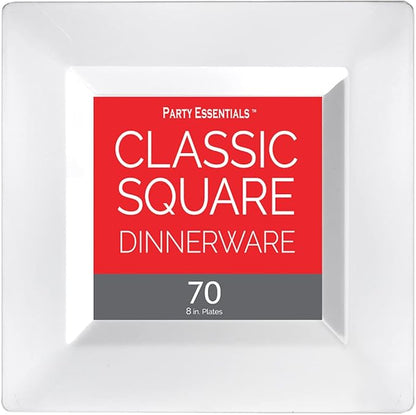 Party Essentials Party Supplies Disposable Classic Square Plastic Plates For Wedding/All Occasions, 8", 70-Count, White