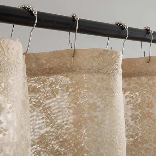 Beige Shower Curtain 72x72, Cottage Core Lace with Attached Valance