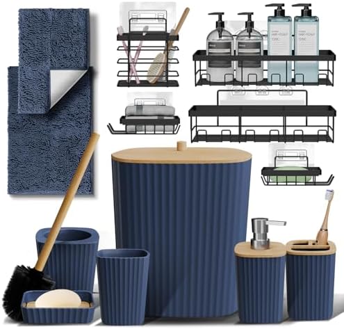 Clara Clark Bathroom Set - Navy Blue Bathroom Accessories Set, 6PC Bathroom Accessory Set, Bathroom Sets with Bathroom Rugs, Adhesive Corner Shower Caddy Hanging, Toilet Brush & Trash Can