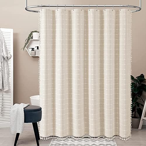 BTTN 60x84 Boho Farmhouse Linen Heavy Duty Shower Curtain Set, Cream/Beige