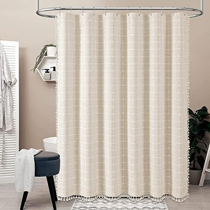 BTTN 108x72 Boho Farmhouse Linen Heavy Duty Shower Curtain Set, Cream/Beige