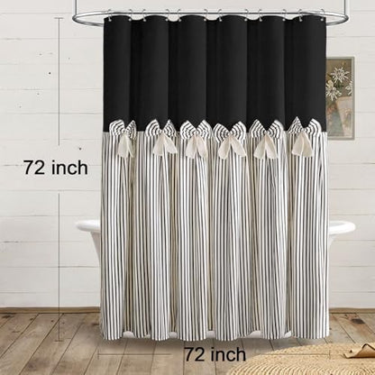 Farmhouse Shower Curtain Linen Bow Pleated Black Stripe 72"W x 72"L