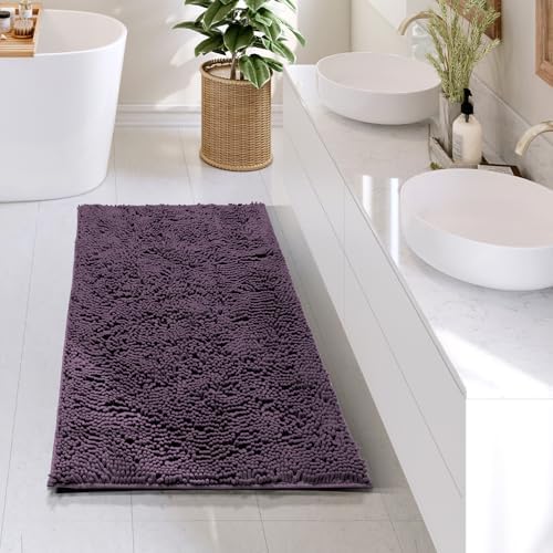 Hearth & Harbor Bathroom Rugs, Chenille Bath Mat - Machine Washable Bath Mats for Bathroom Non-Slip Backing Rubber, Quick Dry Bathroom Mat - Purple 24x36