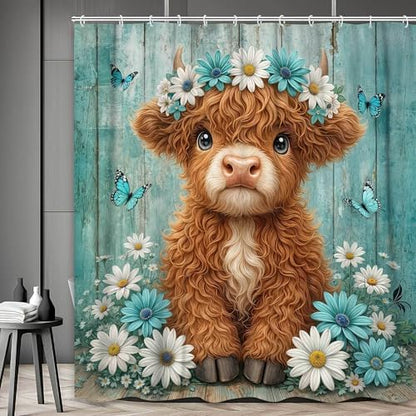Cute Cow Shower Curtain, Farmhouse Rustic Teal Floral Daisy Highland Cow Shower Curtains for Bathroom, Calf Country Farm Animal Garden Plant Fabric Bathroom Decor with Hooks, 47x64 inch