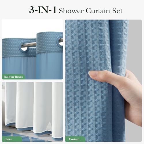 Dynamene Moonlight Blue Hook Free Waffle Shower Curtain & Snap Liner,72x75