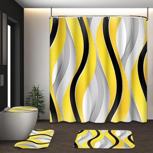 Bathroom Sets with Shower Curtain and Rugs, 4 Pcs Geometric Yellow