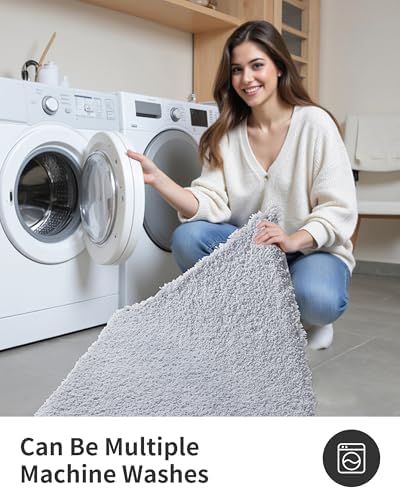 ILANGO Silver Bathroom Rugs 60" × 24" Non Slip & Super Absorbent Extra Thick Soft, Washable Bath Carpet Runner for Floor, Microfiber Plush Shaggy Bath Mats with Tub for Droom Bathtub Shower Room