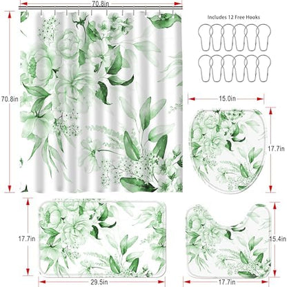 16 PCS Floral Shower Curtain Set with Rugs and 12 Hooks,Sage Green,72 x 72"