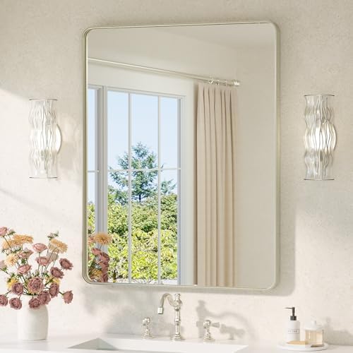 TETOTE Brushed Nickel Mirror 28 x 36 Brushed Nickel Metal Framed Bathroom Mirror, Tempered Glass, Modern Farmhouse Wall Mounted Mirror for Decorative(Horizontal/Vertical)