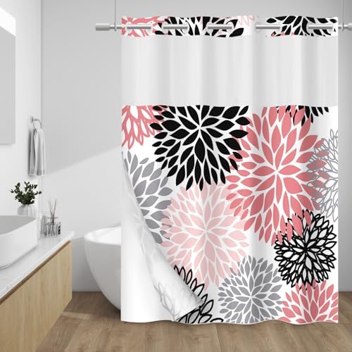 WITHLOC No Hook Floral Shower Curtain with Liner, Pink Grey, 71x74