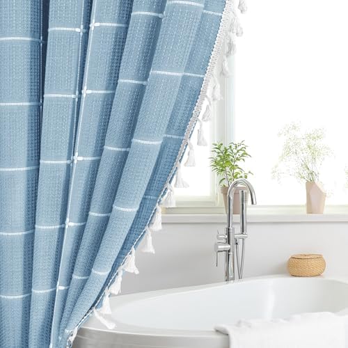 Gibelle Blue Boho Farmhouse Shower Curtain with Tassels, Rustic Cottagecore Aesthetic Bohemian Chic Modern Bathroom Decor Thick Waffle Textured Fabric Shower Curtain Set with Hooks, 72x72